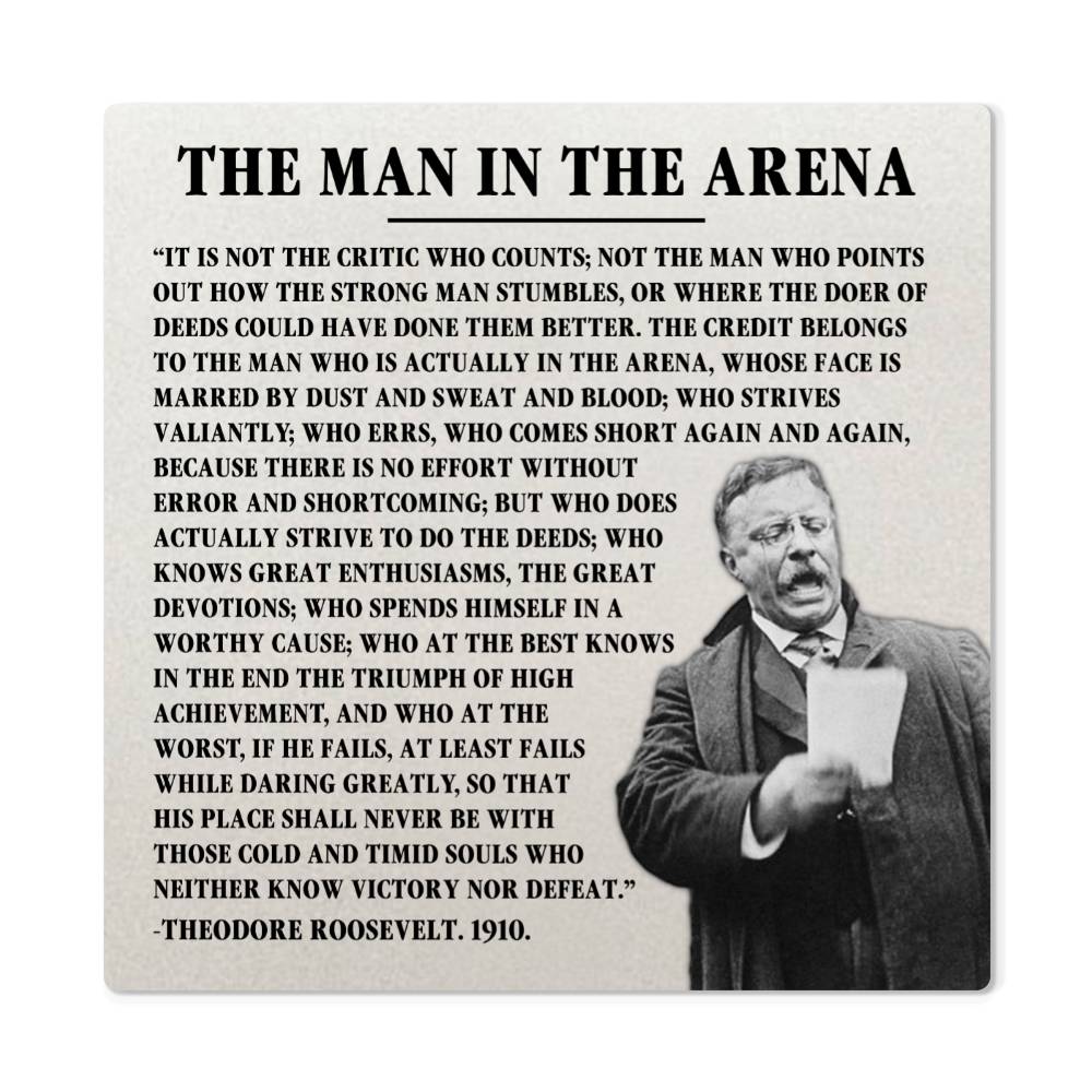 Inspirational Theodore Roosevelt quote on durable metal wall art for modern decor.