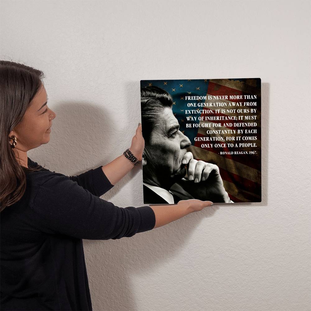 Patriotic metal wall art with Ronald Reagan's call to preserve liberty