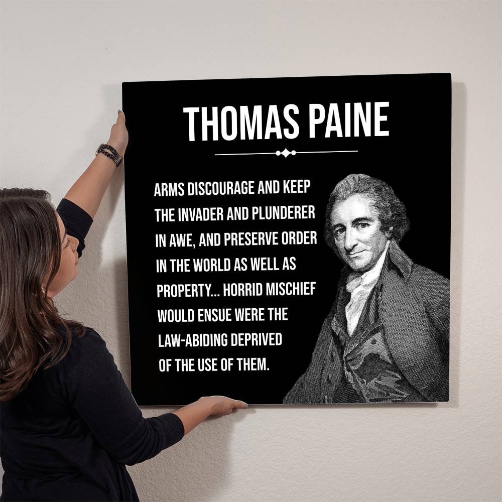 Custom-crafted Thomas Paine metal art with wooden frame