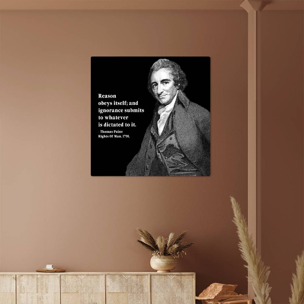 High-gloss aluminum art piece with Thomas Paine and quote on reason and ignorance