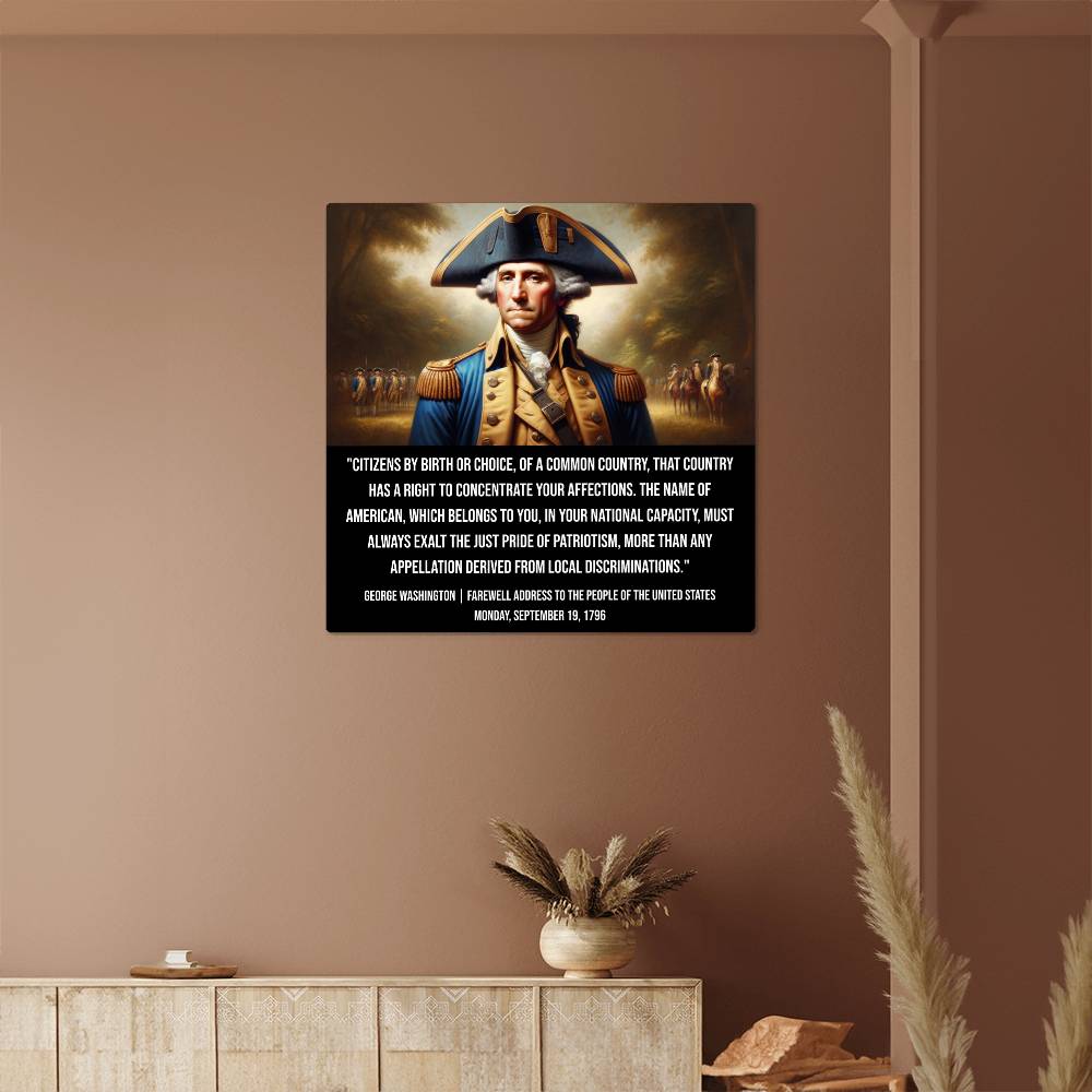 Gallery display of George Washington metal art print, ideal for home or office decor celebrating American heritage.