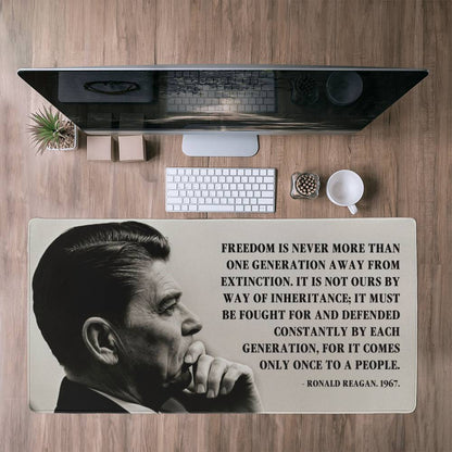 Elegant desk mat with non-slip backing, showcasing Ronald Reagan's timeless wisdom on freedom.