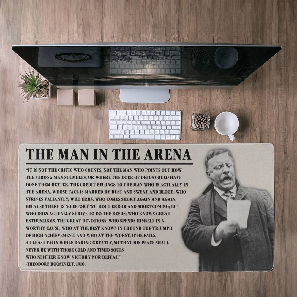 Close-up of Durable, Water-Resistant Desk Mat Featuring Teddy Roosevelt and Inspirational Quote