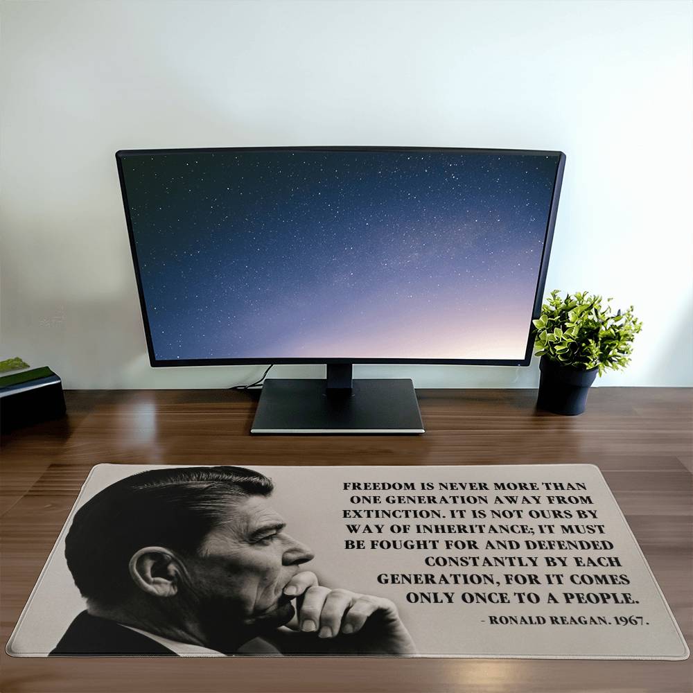 High-quality polyester desk mat with water-repellant surface, inspired by Reagan's legacy.