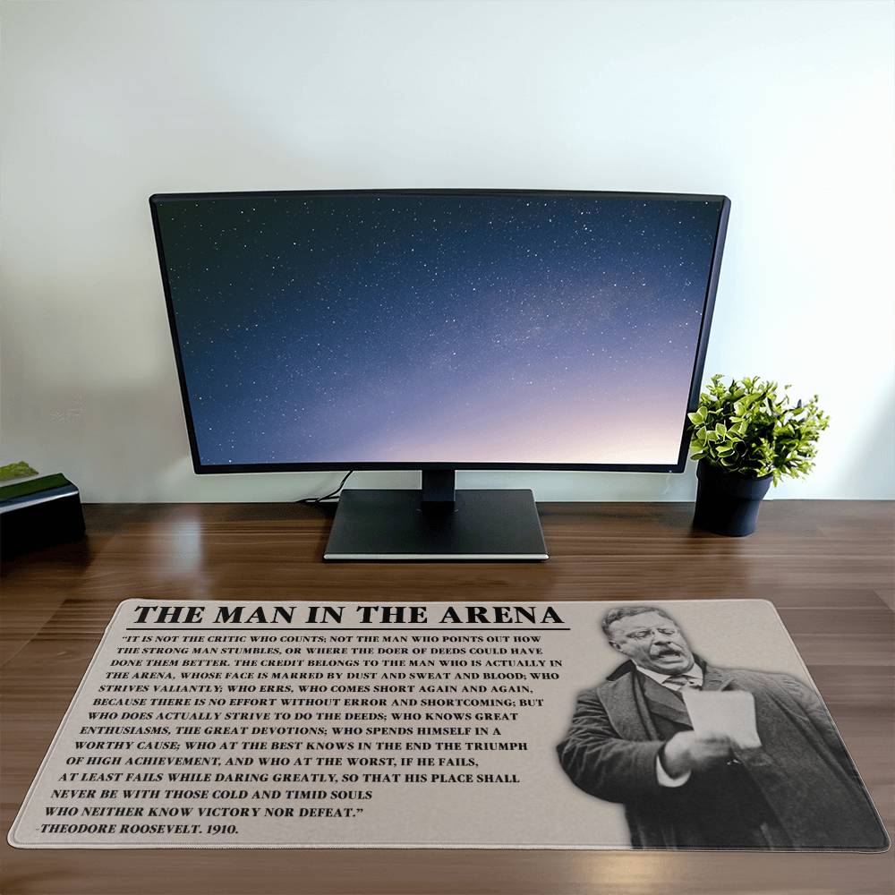 Wide View of Spacious Desk Mat with Non-Slip Rubber Backing and Roosevelt's Speech Text
