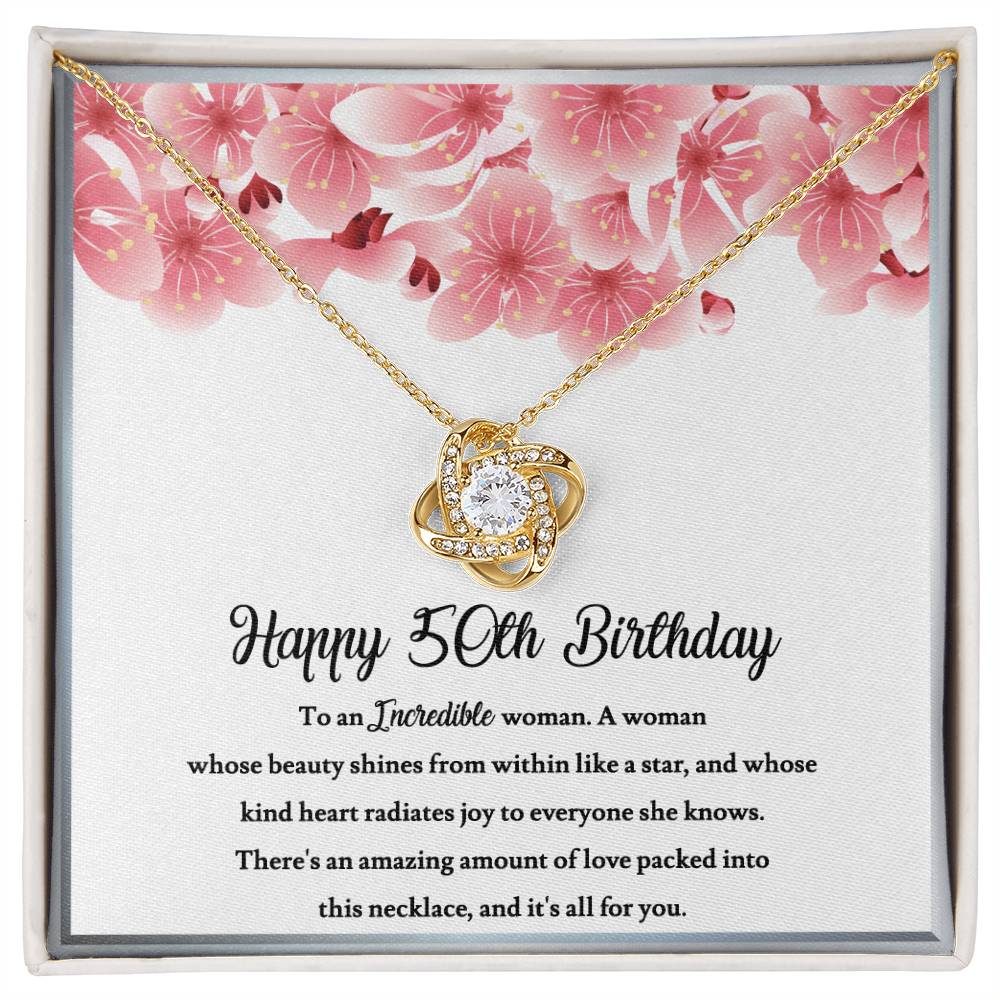 Close-up of 50th Birthday Love Knot Necklace with Cubic Zirconia Stone
